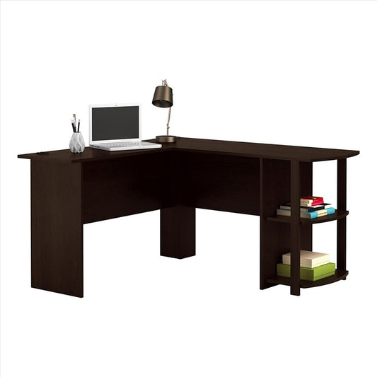 L-Shaped Wood Computer Desk with Two-layer Bookshelves Dark Brown