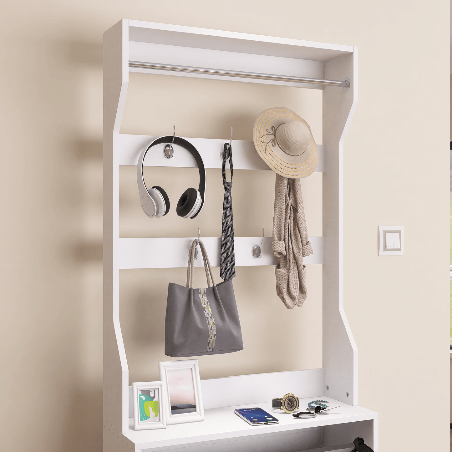 Mirror Shoe Cabinet With 3 Flip-Tier Drawers, Mirror Shoe Rack Organizer Store Ample Shoes, Hooks&Hangers For Organizing Clothes And Hats In The Entrance Or Hallway, White