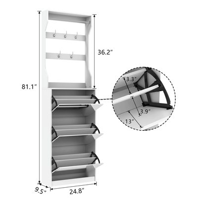 Mirror Shoe Cabinet With 3 Flip-Tier Drawers, Mirror Shoe Rack Organizer Store Ample Shoes, Hooks&Hangers For Organizing Clothes And Hats In The Entrance Or Hallway, White