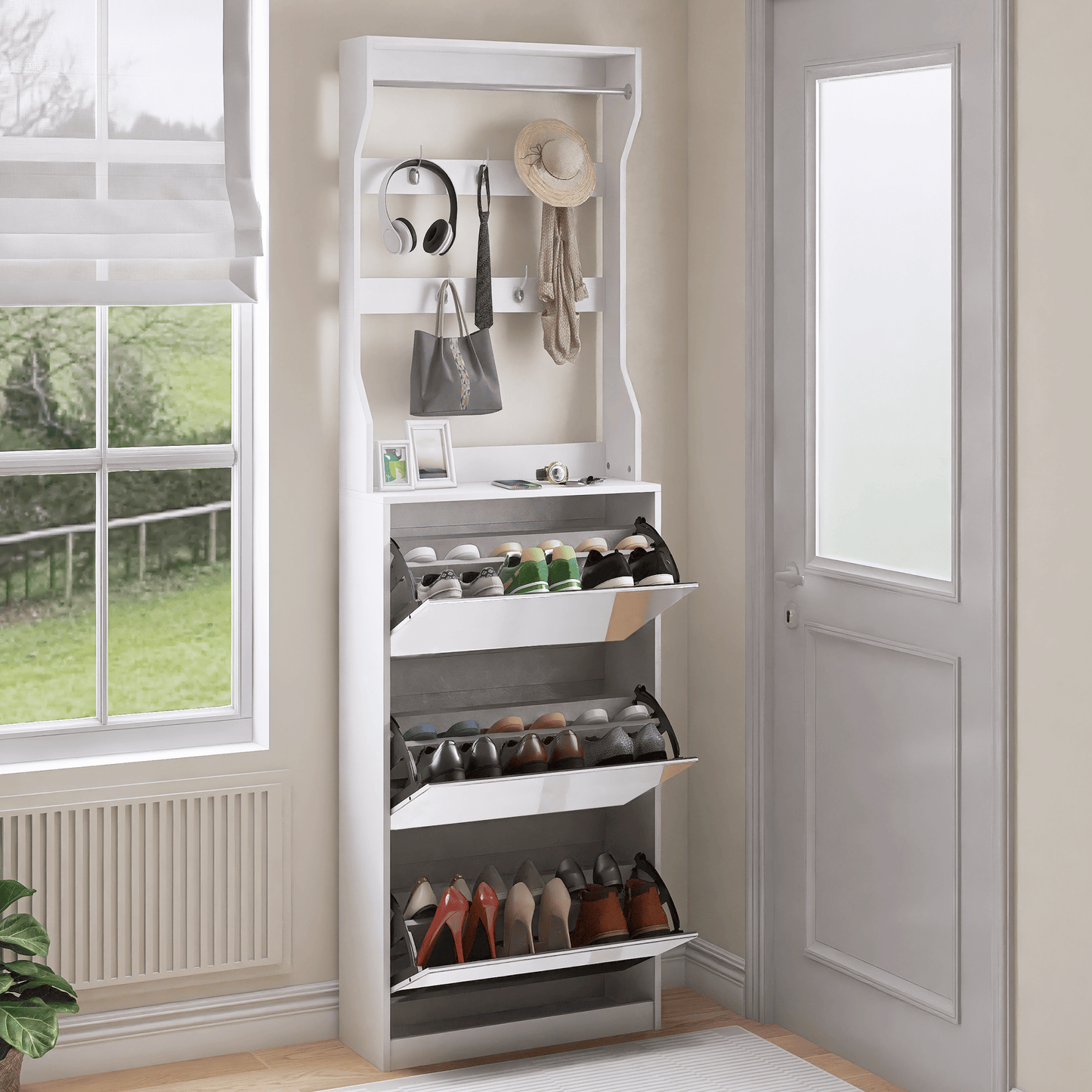 Mirror Shoe Cabinet With 3 Flip-Tier Drawers, Mirror Shoe Rack Organizer Store Ample Shoes, Hooks&Hangers For Organizing Clothes And Hats In The Entrance Or Hallway, White