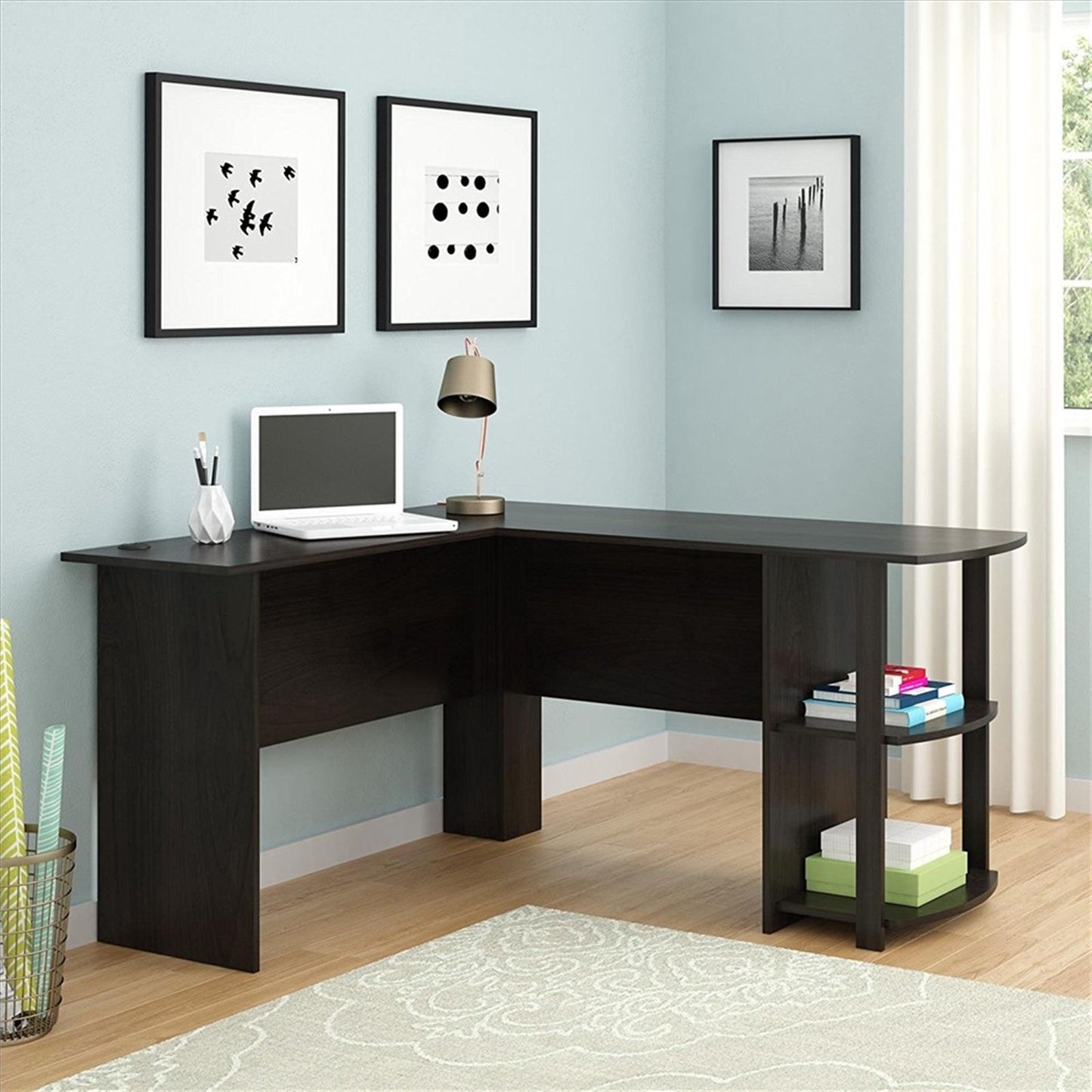 L-Shaped Wood Computer Desk with Two-layer Bookshelves Dark Brown