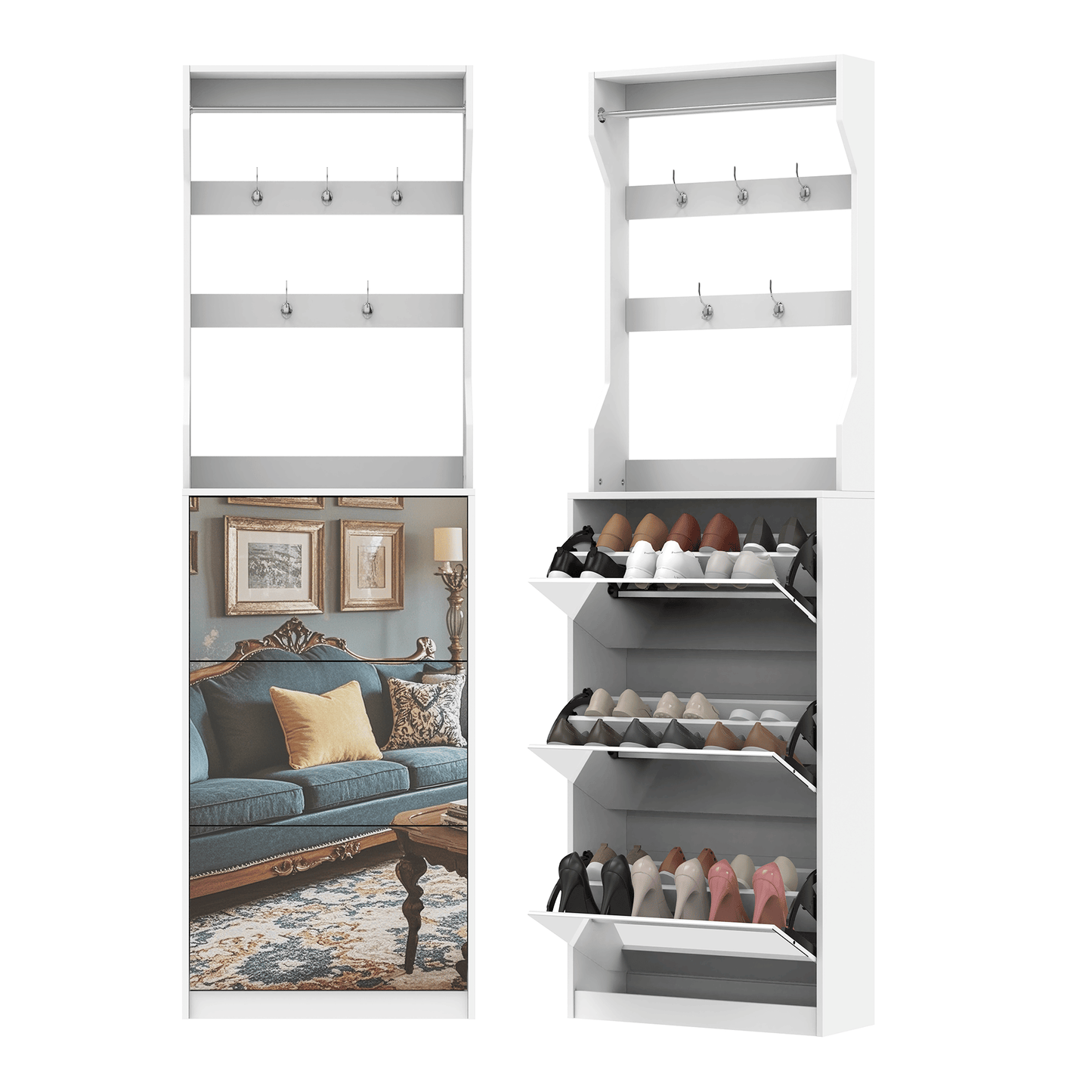 Mirror Shoe Cabinet With 3 Flip-Tier Drawers, Mirror Shoe Rack Organizer Store Ample Shoes, Hooks&Hangers For Organizing Clothes And Hats In The Entrance Or Hallway, White