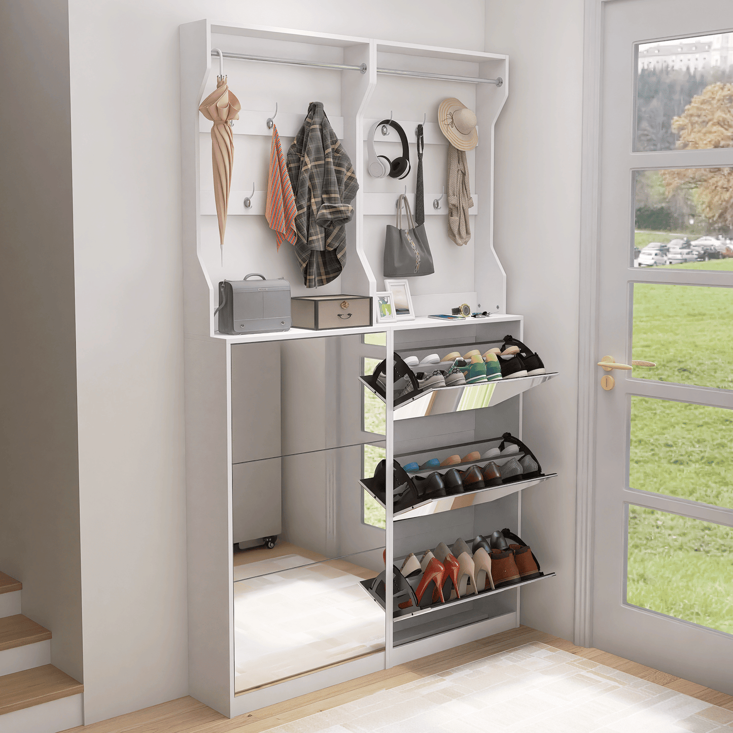 Mirror Shoe Cabinet With 3 Flip-Tier Drawers, Mirror Shoe Rack Organizer Store Ample Shoes, Hooks&Hangers For Organizing Clothes And Hats In The Entrance Or Hallway, White