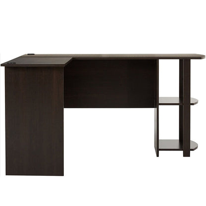 L-Shaped Wood Computer Desk with Two-layer Bookshelves Dark Brown